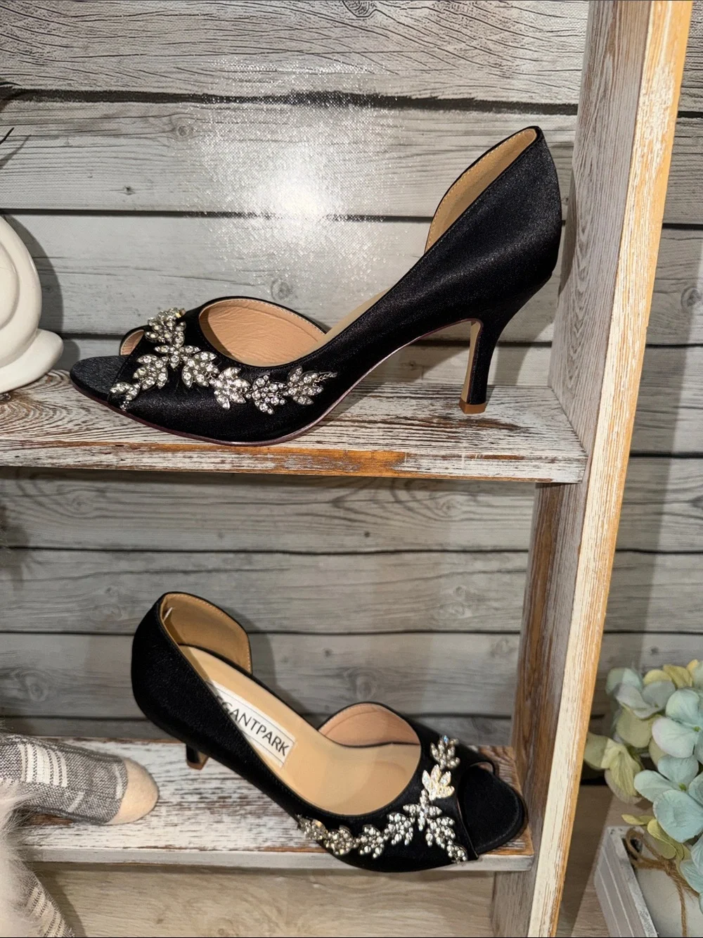 Embellished Black Satin Heels